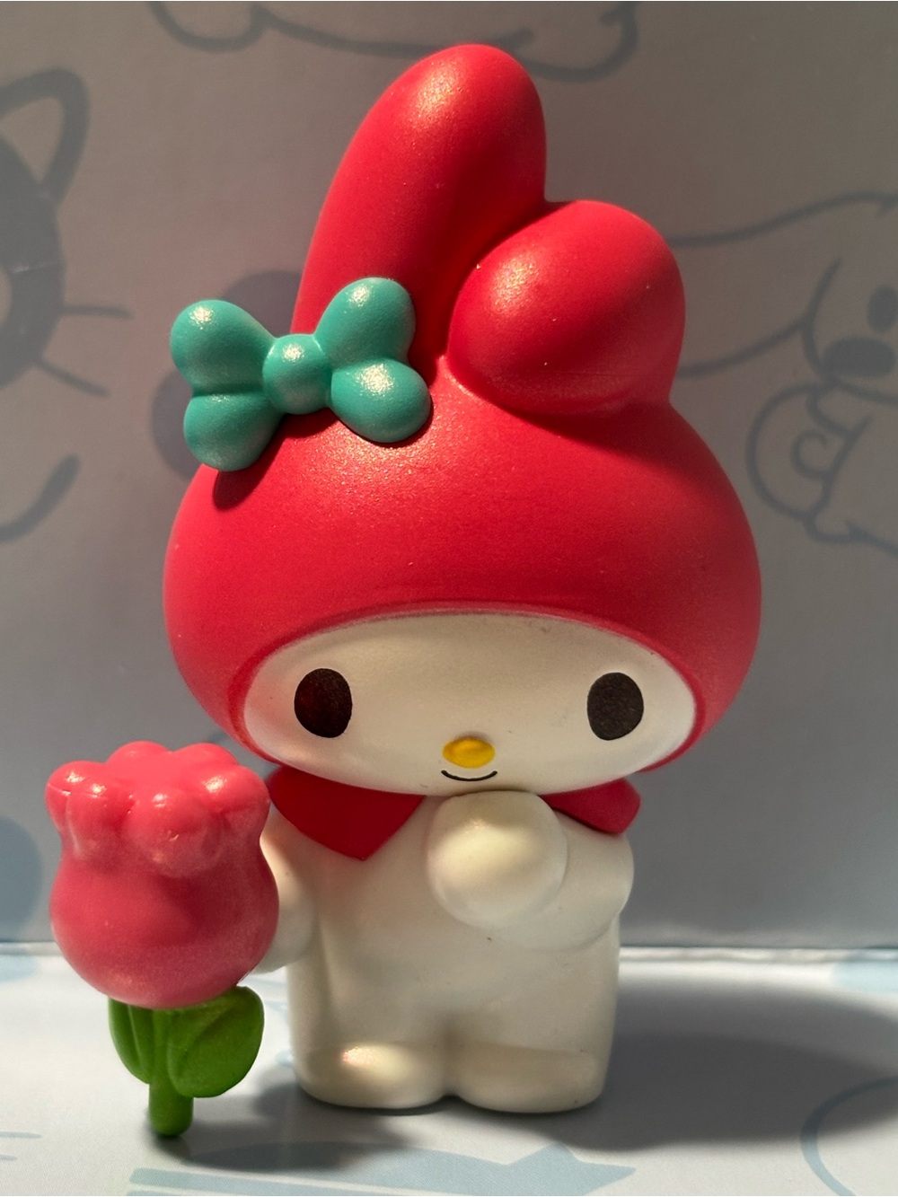 Sanrio My Melody Red & White Figurine with Pink Flower and Teal Bow